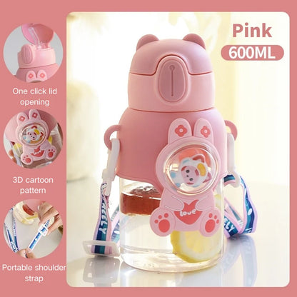 600ML Cute Cartoon Water Bottle with Straw & Removable Strap