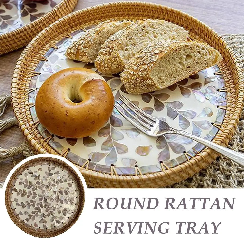Unique Decorative Round Rattan Serving Tray with Mother-of-Pearl Inlay