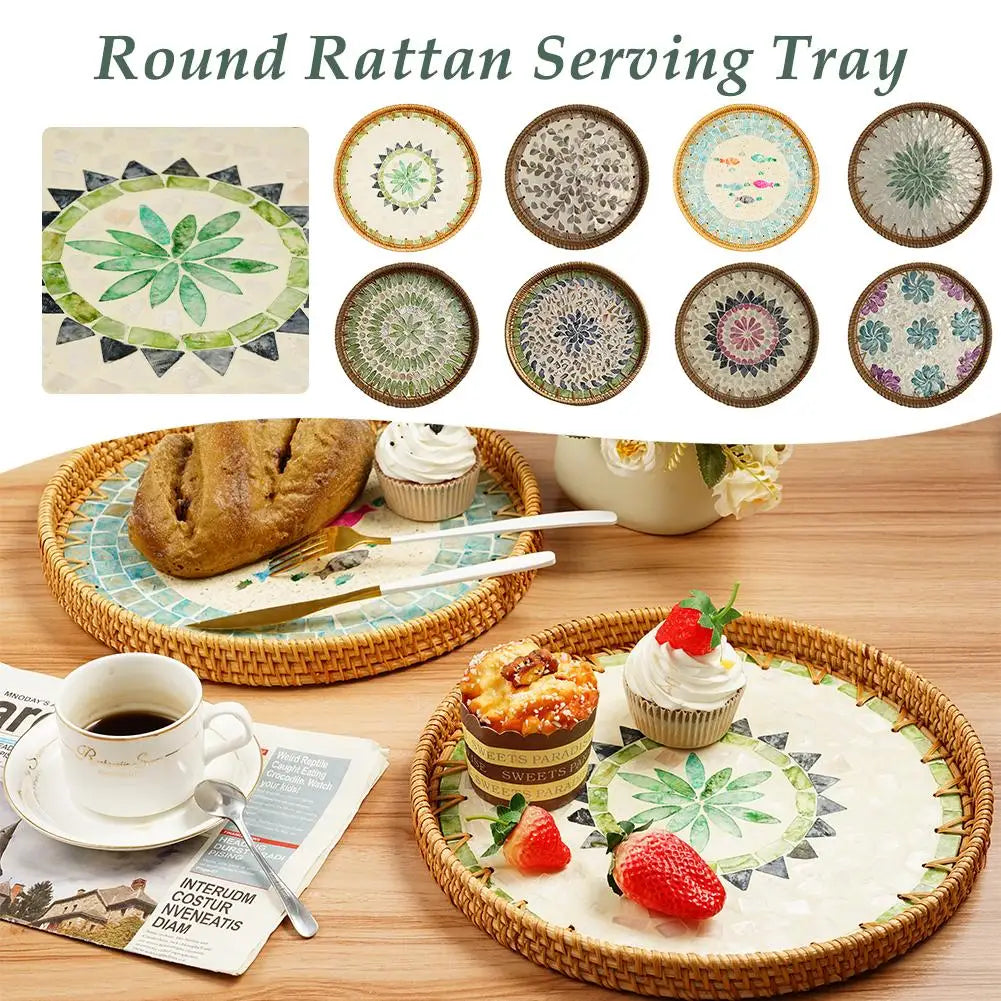Unique Decorative Round Rattan Serving Tray with Mother-of-Pearl Inlay