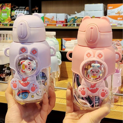 600ML Cute Cartoon Water Bottle with build-in Straw