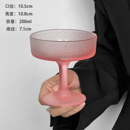Premium Frosted Relief Glass Cup – Pink Goblet with Tall Feet