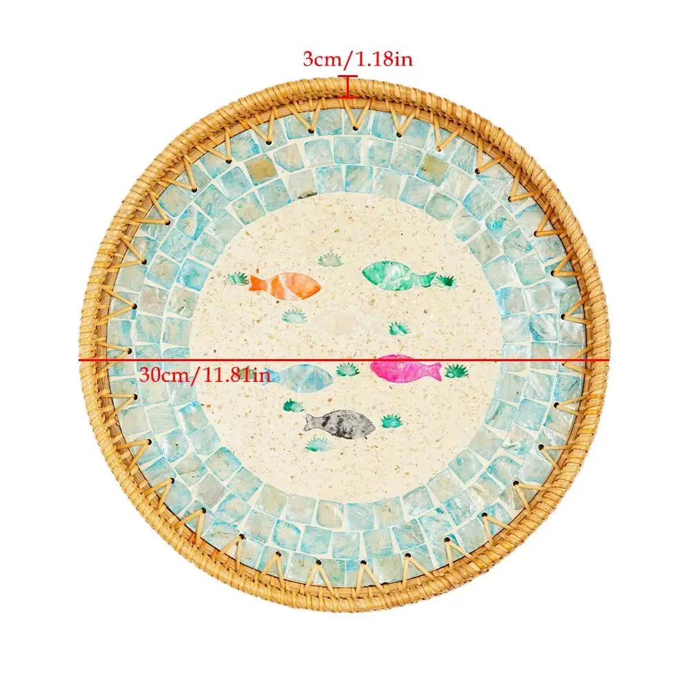 Unique Decorative Round Rattan Serving Tray with Mother-of-Pearl Inlay