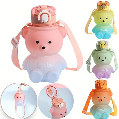 Cute Bear Shape Water Bottle with Straw & Shoulder Strap
