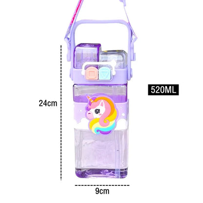 520ml Cute Water Bottle – Rectangular Shape with Strap, 2-Way Sip Style