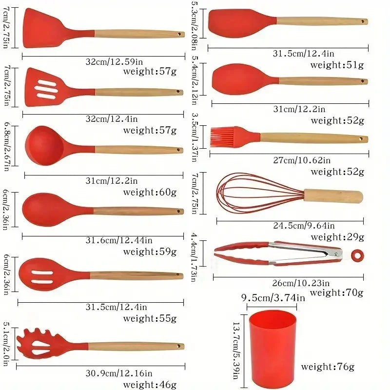 12pcs Set of Silicone Wooden Handle Kitchen Utensils Set Non Stick Pot Spoon
