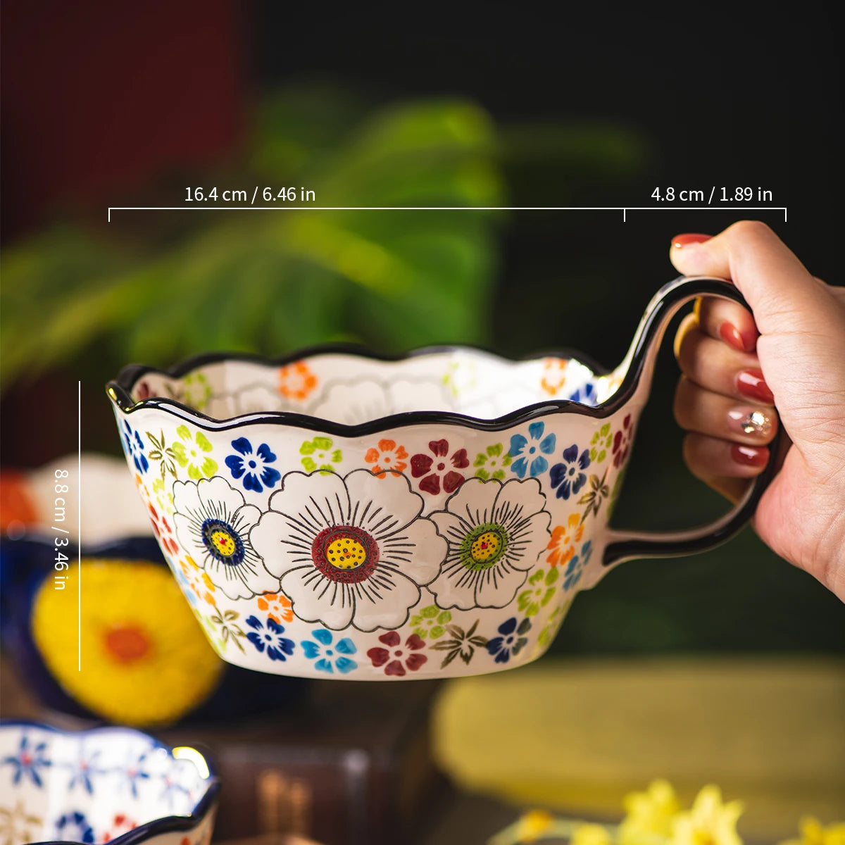 Hand-Painted floral Handle Bowl – 1L Ceramic Multi-Purpose Bowl