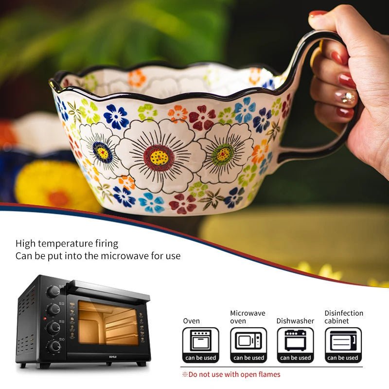 Hand-Painted floral Handle Bowl – 1L Ceramic Multi-Purpose Bowl