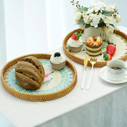 Unique Decorative Round Rattan Serving Tray with Mother-of-Pearl Inlay