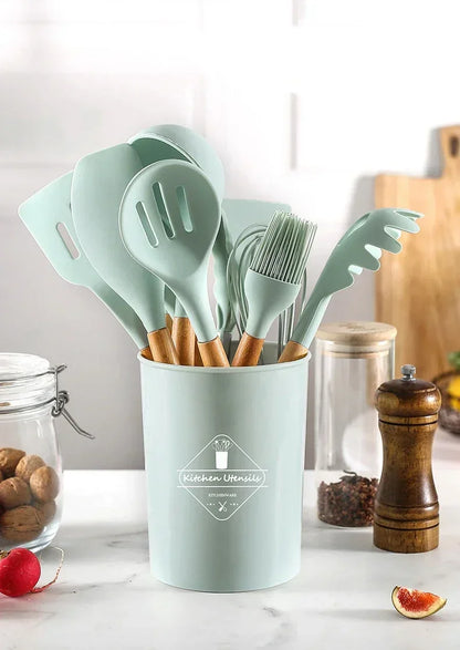 12pcs Set of Silicone Wooden Handle Kitchen Utensils Set Non Stick Pot Spoon