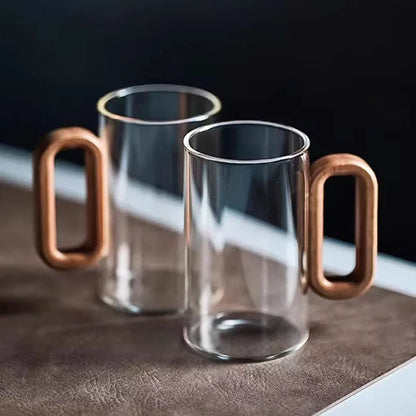 2/4/6PCS Luxury Transparent Black Glass Mug Set with Wooden Handle