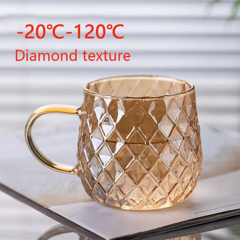 Diamond Textured Glass Cup – 380ml Golden Teacup Mug with Handle