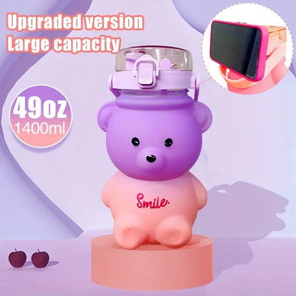 Cute Bear Shape Water Bottle with Straw & Shoulder Strap