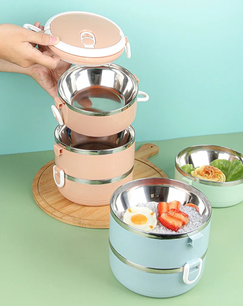 Multi-layer Thermal Lunch Box Stackable Round Metal Stainless Steel container