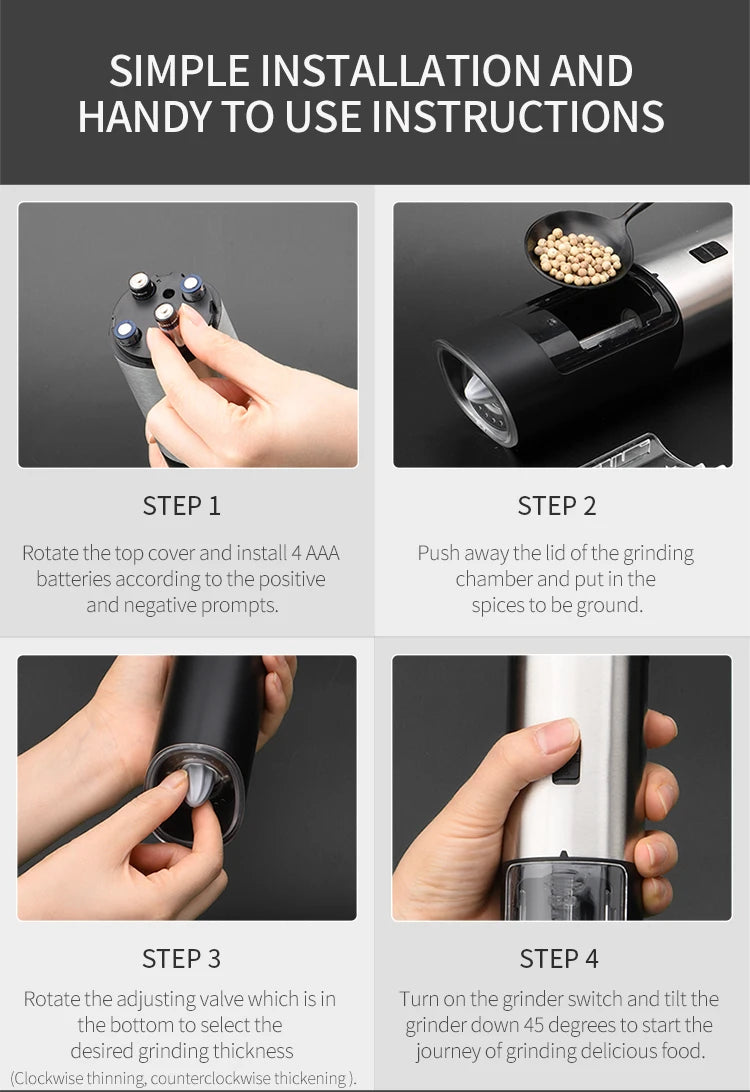 Electric Salt & Pepper Grinder – Gravity Automatic Spice Mill with LED Light