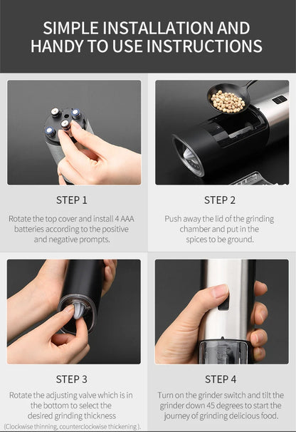 Electric Salt & Pepper Grinder – Gravity Automatic Spice Mill with LED Light