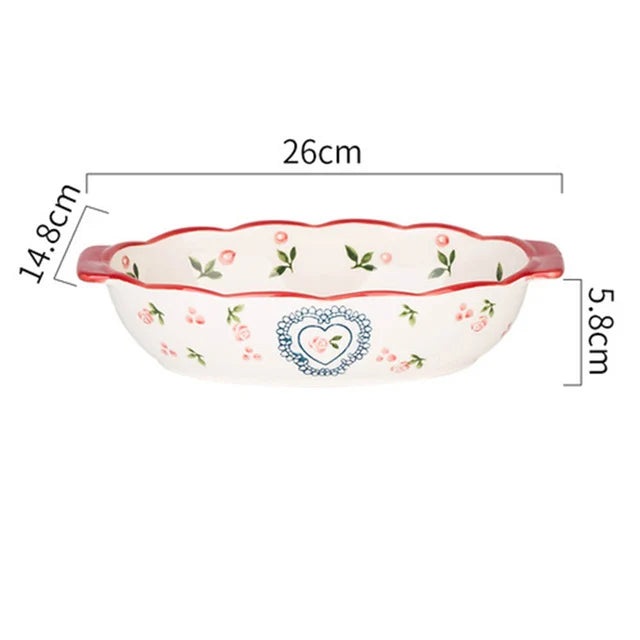 Flowers Rectangular Oval Ceramic Bakeware Pan with Handle – Multi-Size Baking Dish
