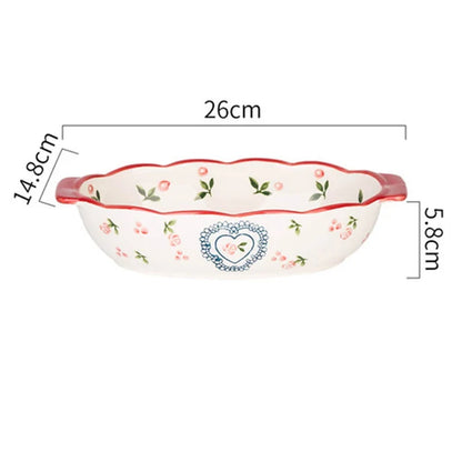 Flowers Rectangular Oval Ceramic Bakeware Pan with Handle – Multi-Size Baking Dish