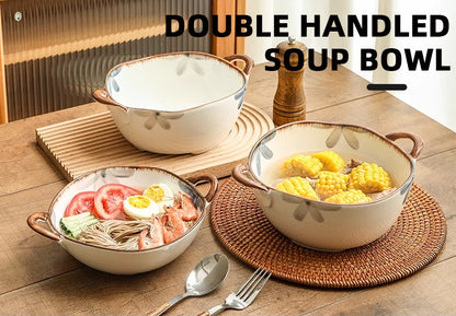 1500ml Household Ceramic Soup Bowl, Salad bowl with Double Handles – Large Capacity
