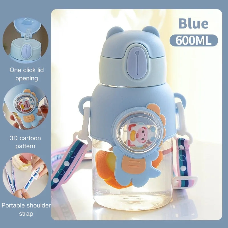 600ML Cute Cartoon Water Bottle with Straw & Removable Strap