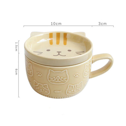 Japanese Cartoon Cat Coffee Cup with Cover – 300ml Ceramic Mug