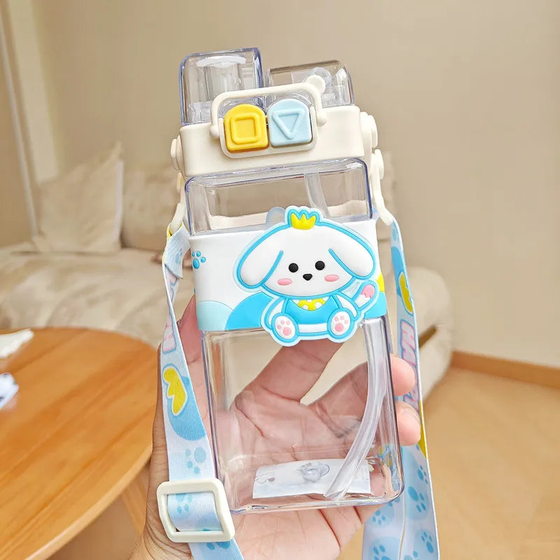 520ml Cute Water Bottle – Rectangular Shape with Strap, 2-Way Sip Style