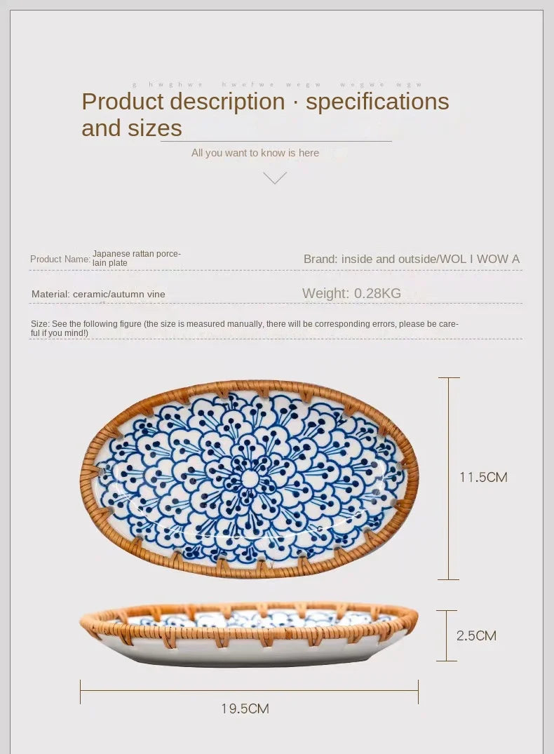 Rattan Woven Rim Ceramic Fruit Plate – Multi-Purpose Snack & Dessert Tray