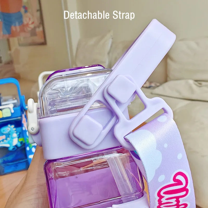 520ml Cute Water Bottle – Rectangular Shape with Strap, 2-Way Sip Style