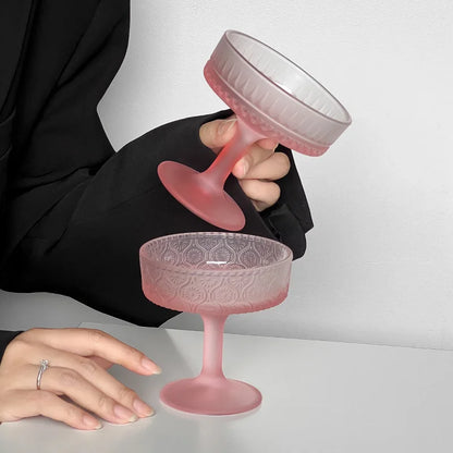 Premium Frosted Relief Glass Cup – Pink Goblet with Tall Feet