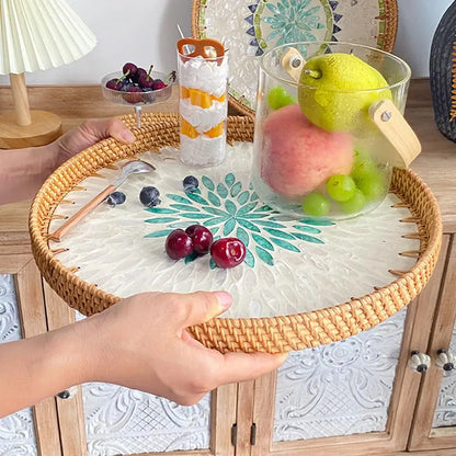 Unique Decorative Round Rattan Serving Tray with Mother-of-Pearl Inlay