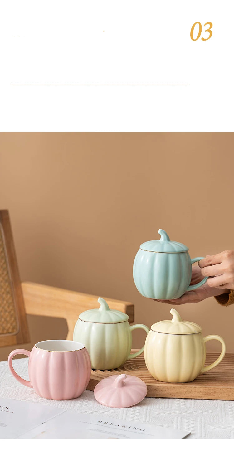 400ml Pumpkin Shape Mug with Lid – Multi-Purpose Pastel Ceramic Cup