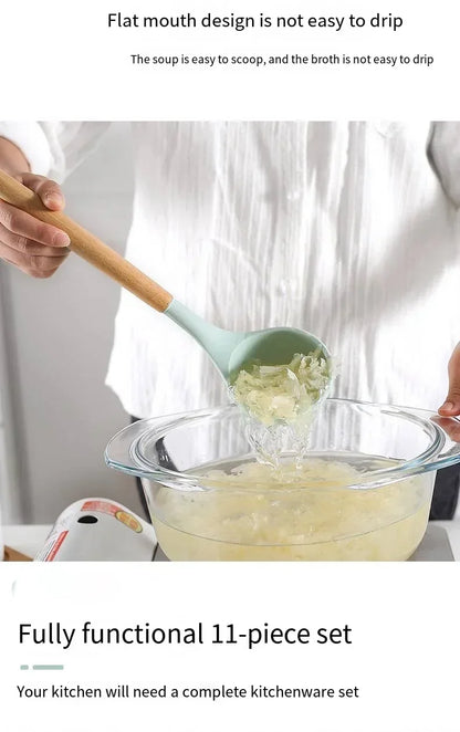 12pcs Set of Silicone Wooden Handle Kitchen Utensils Set Non Stick Pot Spoon