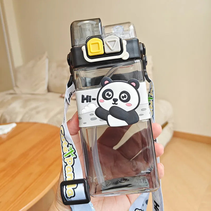 520ml Cute Water Bottle – Rectangular Shape with Strap, 2-Way Sip Style