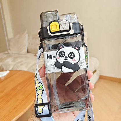 520ml Cute Water Bottle – Rectangular Shape with Strap, 2-Way Sip Style