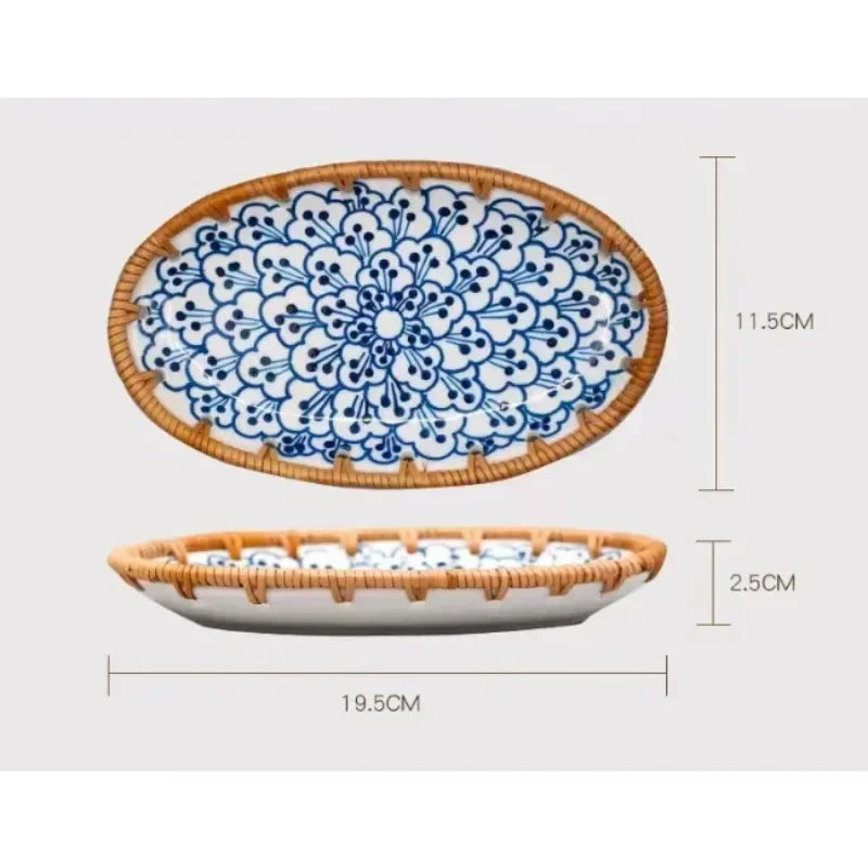 Rattan Woven Rim Ceramic Fruit Plate – Multi-Purpose Snack & Dessert Tray