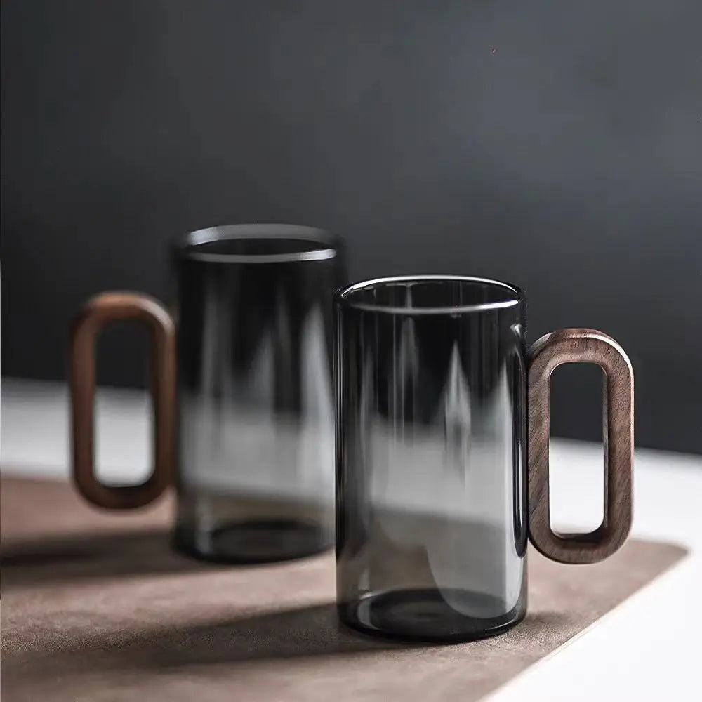 2/4/6PCS Luxury Transparent Black Glass Mug Set with Wooden Handle