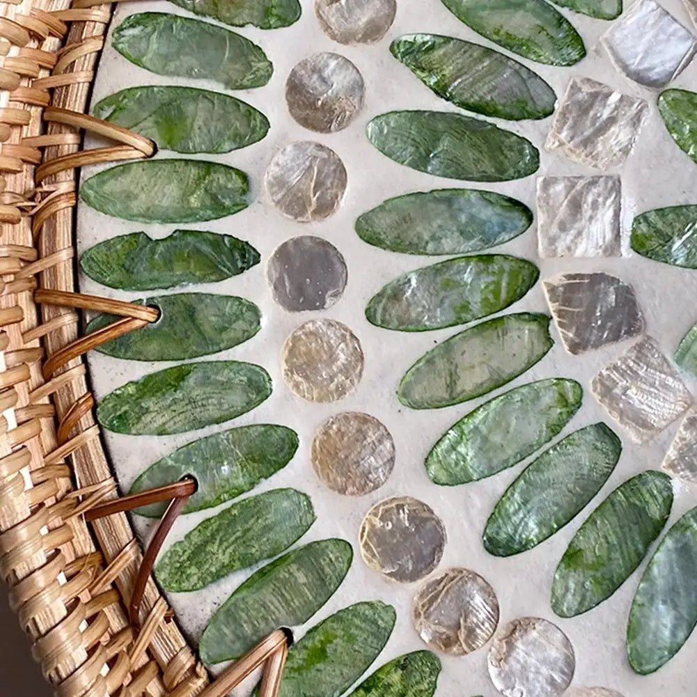 Unique Decorative Round Rattan Serving Tray with Mother-of-Pearl Inlay