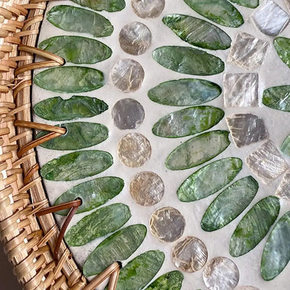 Unique Decorative Round Rattan Serving Tray with Mother-of-Pearl Inlay
