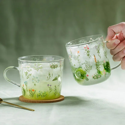 Green Botanical Pattern Borosilicate Glass Cup – 450ml & 500ml Sizes Available