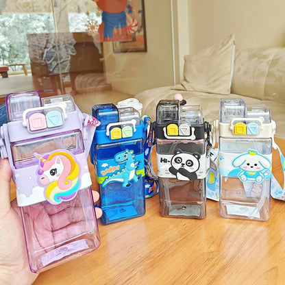 520ml Cute Water Bottle – Rectangular Shape with Strap, 2-Way Sip Style