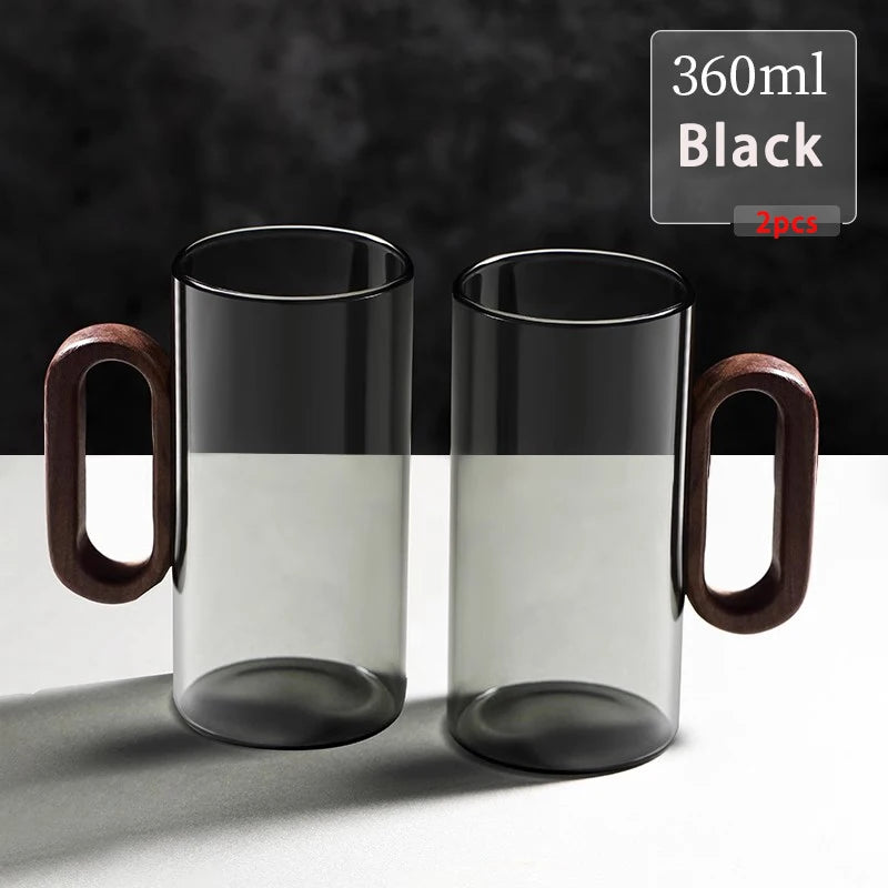 2/4/6PCS Luxury Transparent Black Glass Mug Set with Wooden Handle