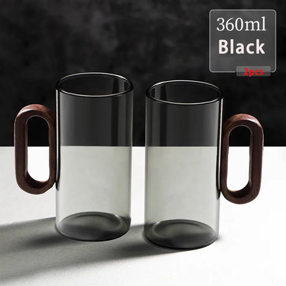 2/4/6PCS Luxury Transparent Black Glass Mug Set with Wooden Handle