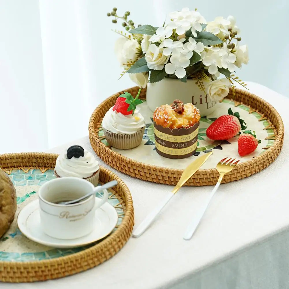 Unique Decorative Round Rattan Serving Tray with Mother-of-Pearl Inlay