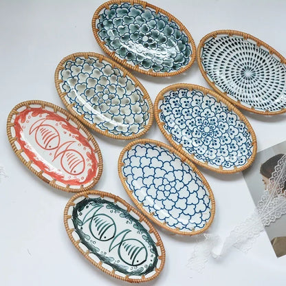 Rattan Woven Rim Ceramic Fruit Plate – Multi-Purpose Snack & Dessert Tray