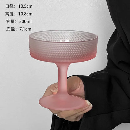 Premium Frosted Relief Glass Cup – Pink Goblet with Tall Feet