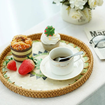 Unique Decorative Round Rattan Serving Tray with Mother-of-Pearl Inlay