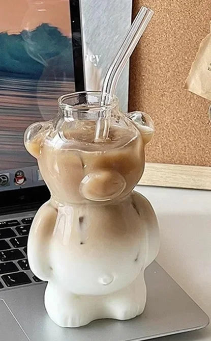 Cartoon Bear Shaped Coffee Mug – Cute Glass Cup with Straw