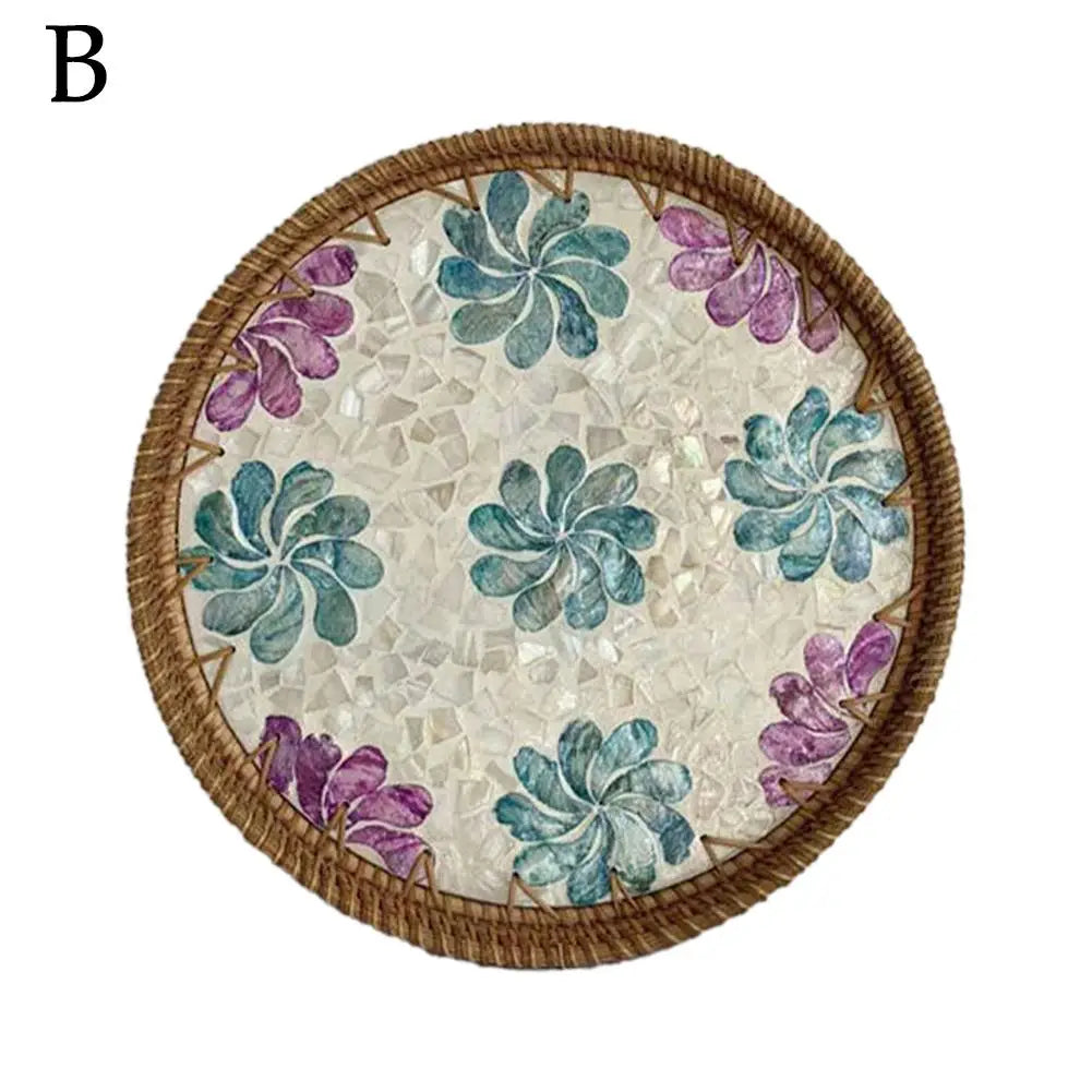 Unique Decorative Round Rattan Serving Tray with Mother-of-Pearl Inlay