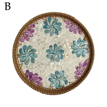 Unique Decorative Round Rattan Serving Tray with Mother-of-Pearl Inlay