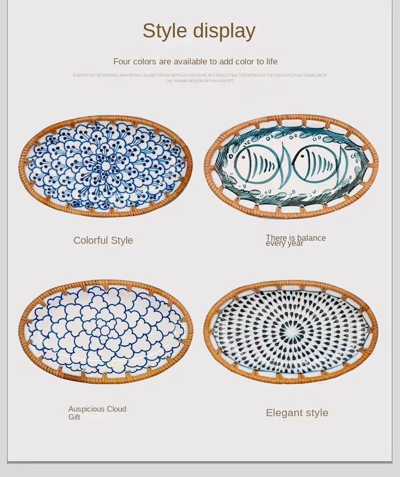 Rattan Woven Rim Ceramic Fruit Plate – Multi-Purpose Snack & Dessert Tray