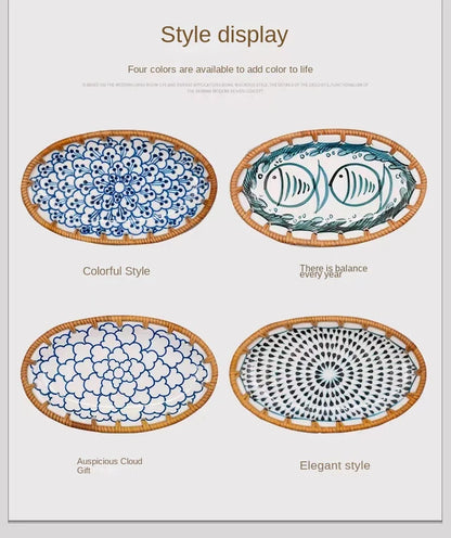 Rattan Woven Rim Ceramic Fruit Plate – Multi-Purpose Snack & Dessert Tray